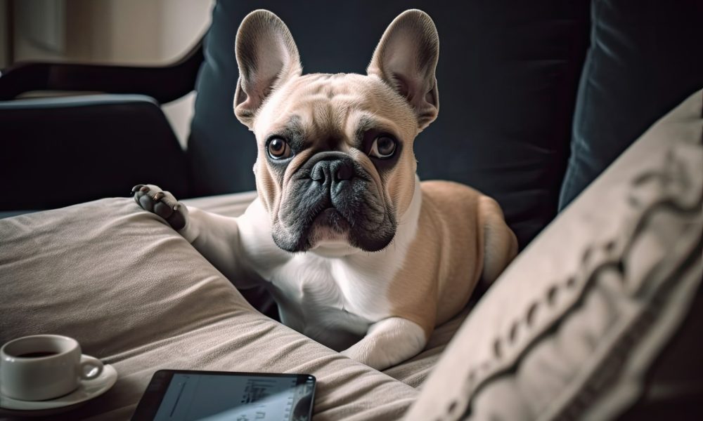 french-bulldog-looking-camera-while-using-laptop-sofa